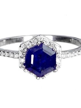 Hexagon Natural Blue Sapphire Halo Ring in Silver 925 Size 7